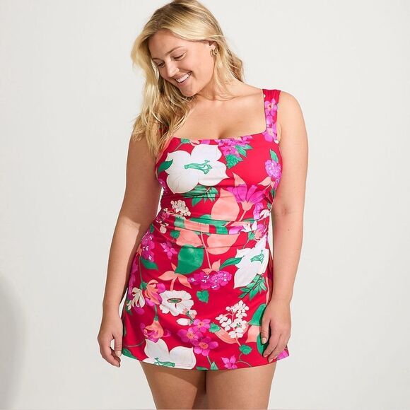Land's End Smoothing Square Neck Ruched 1 piece Swimsuit Coral Roses Lilies 8 P - Picture 7 of 10